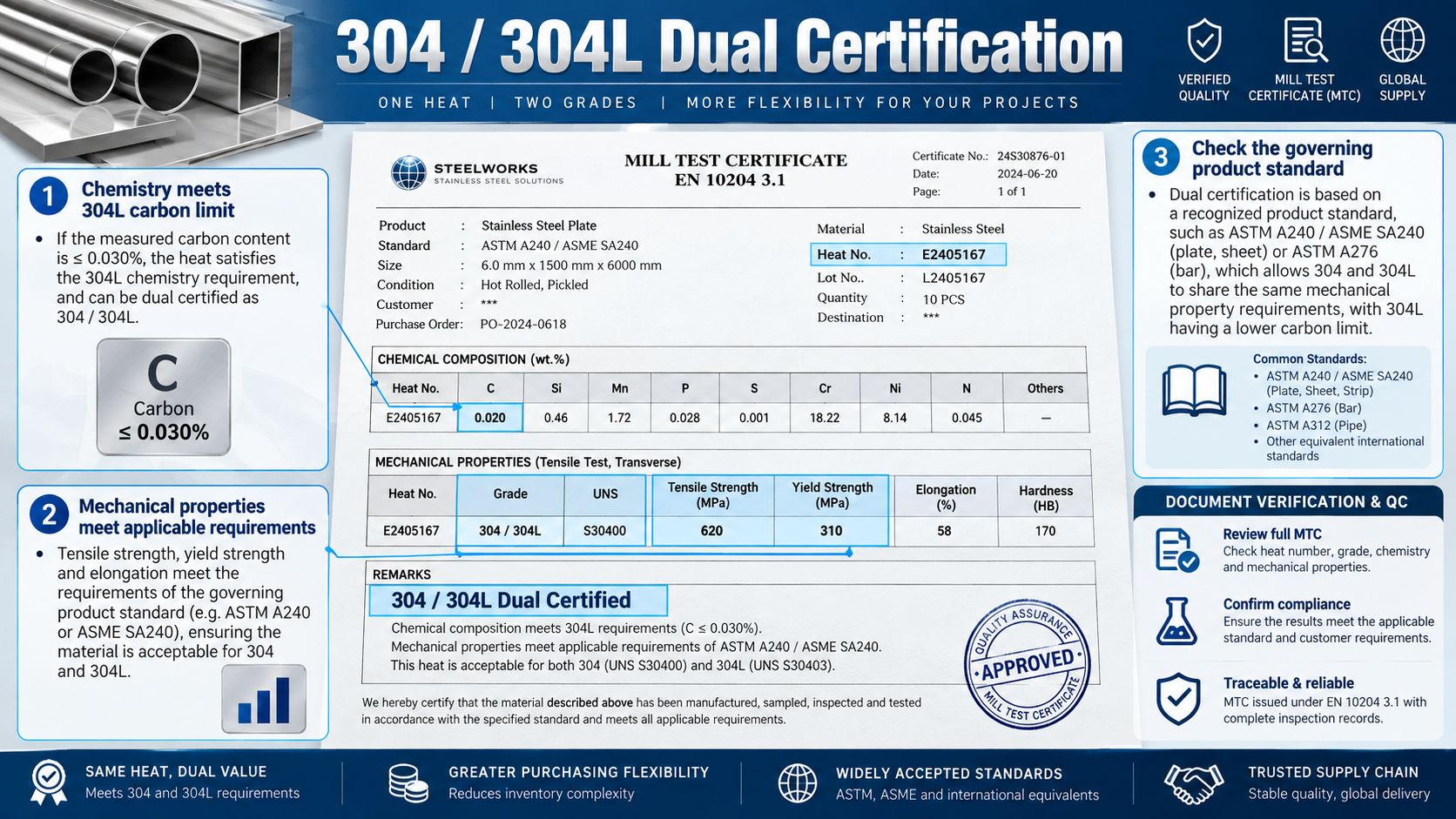 304 and 304L Dual Certification MTC