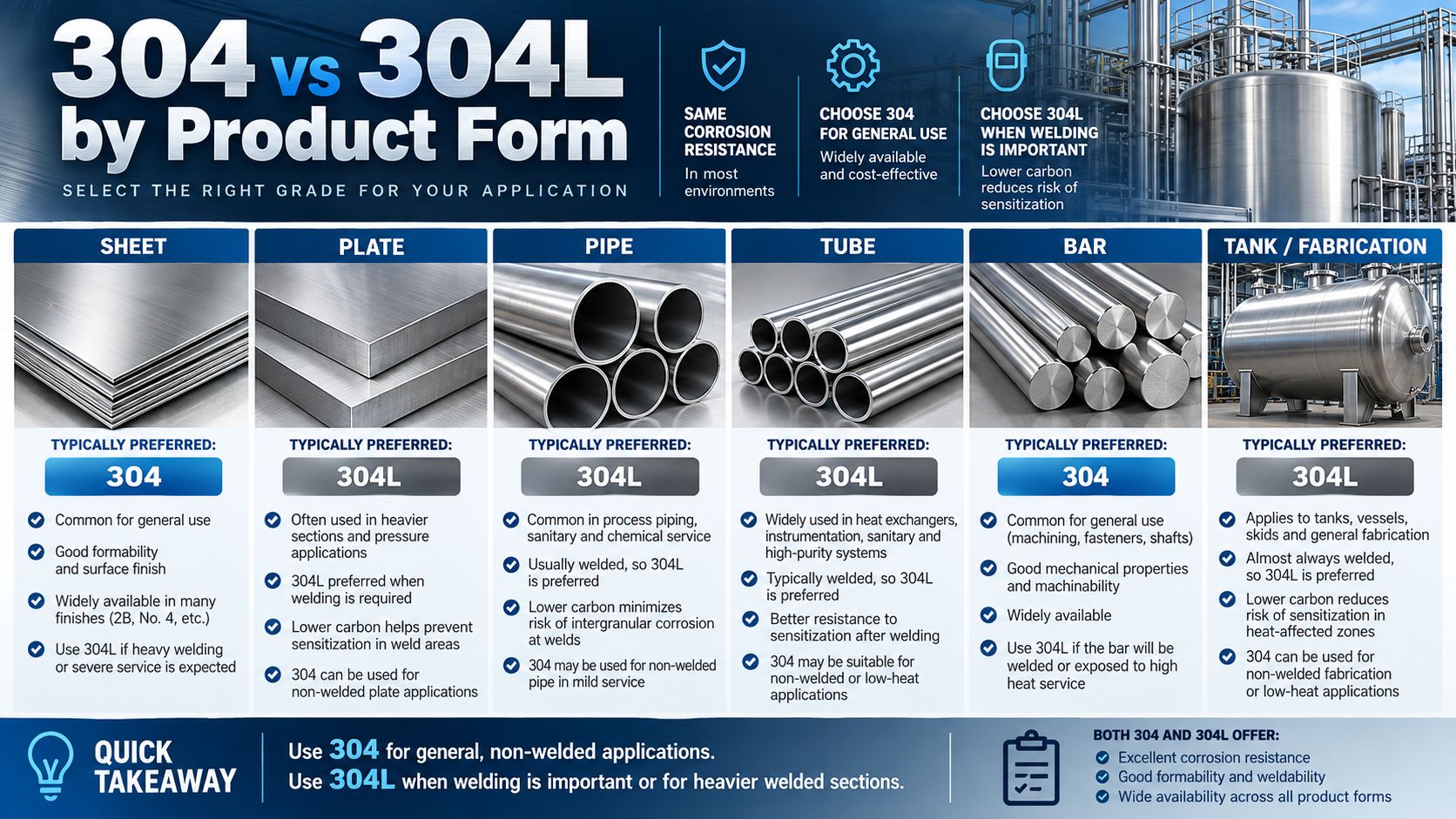 304 vs 304L Stainless Steel by Product Form