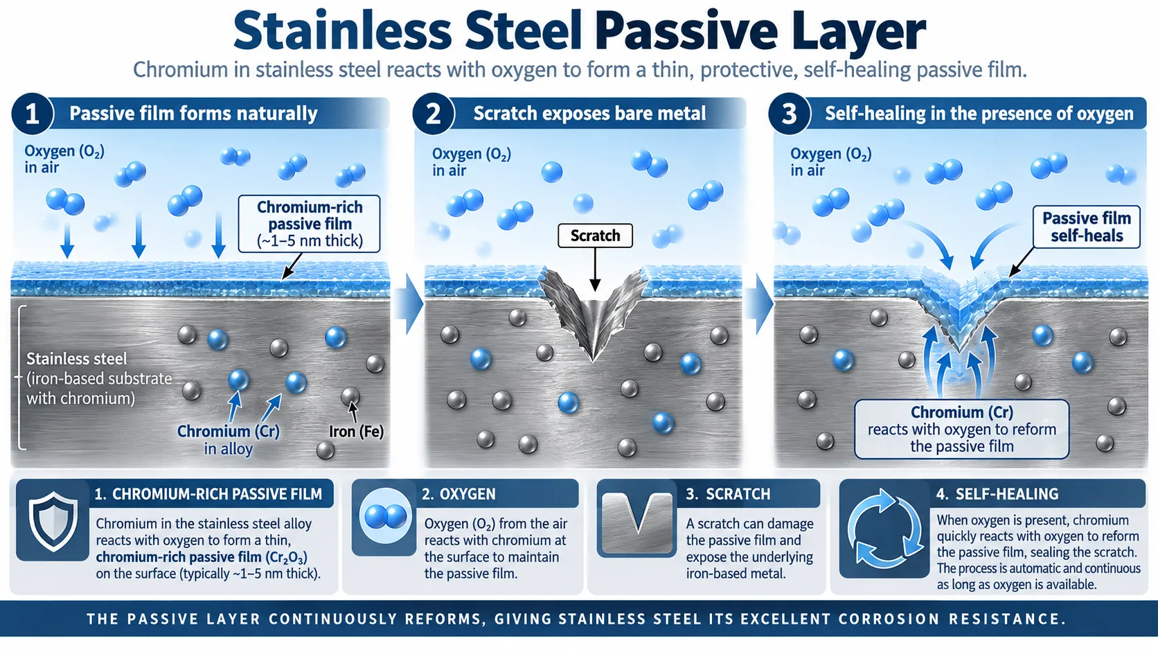 Stainless Steel Passive Layer and Chromium Oxide Self-Healing Mechanism