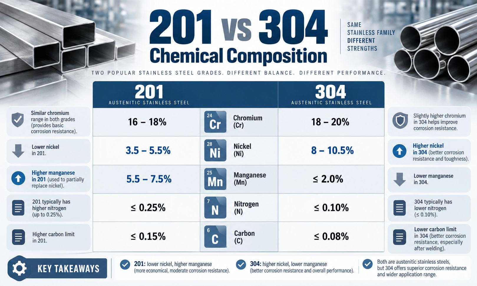 201 vs 304 Stainless Steel Chemical Composition