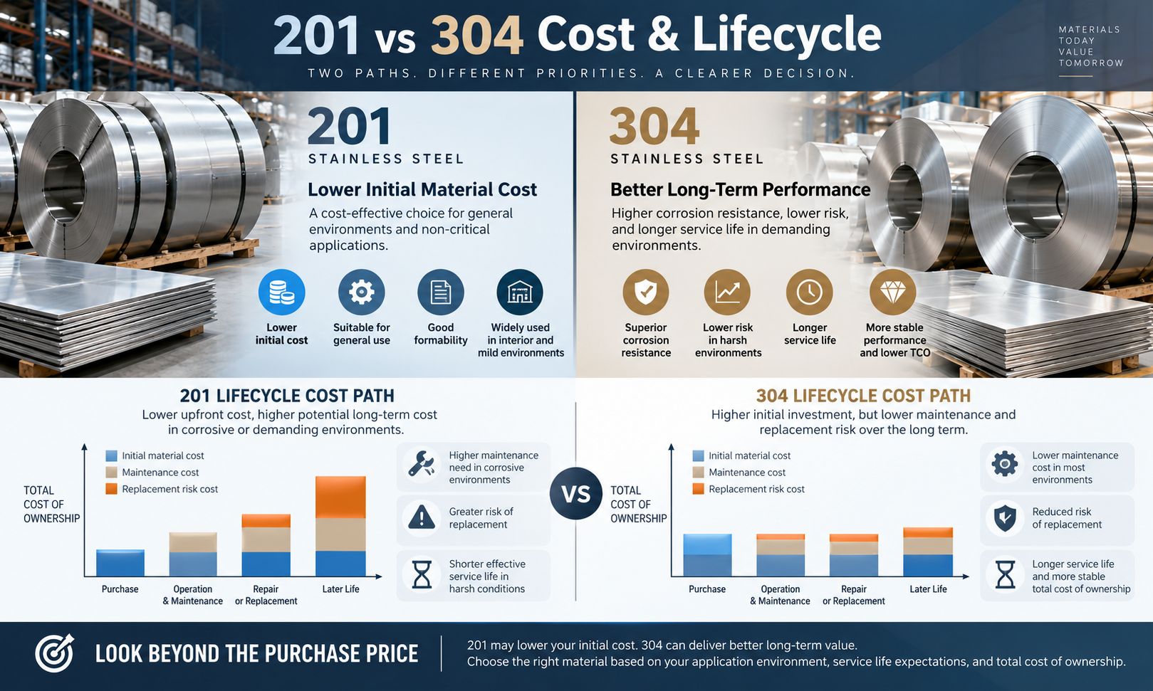 201 vs 304 Stainless Steel Cost and Lifecycle Comparison