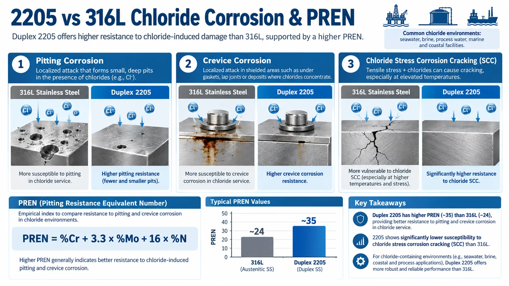 2205 vs 316L Chloride Corrosion, Pitting, Crevice Corrosion and PREN