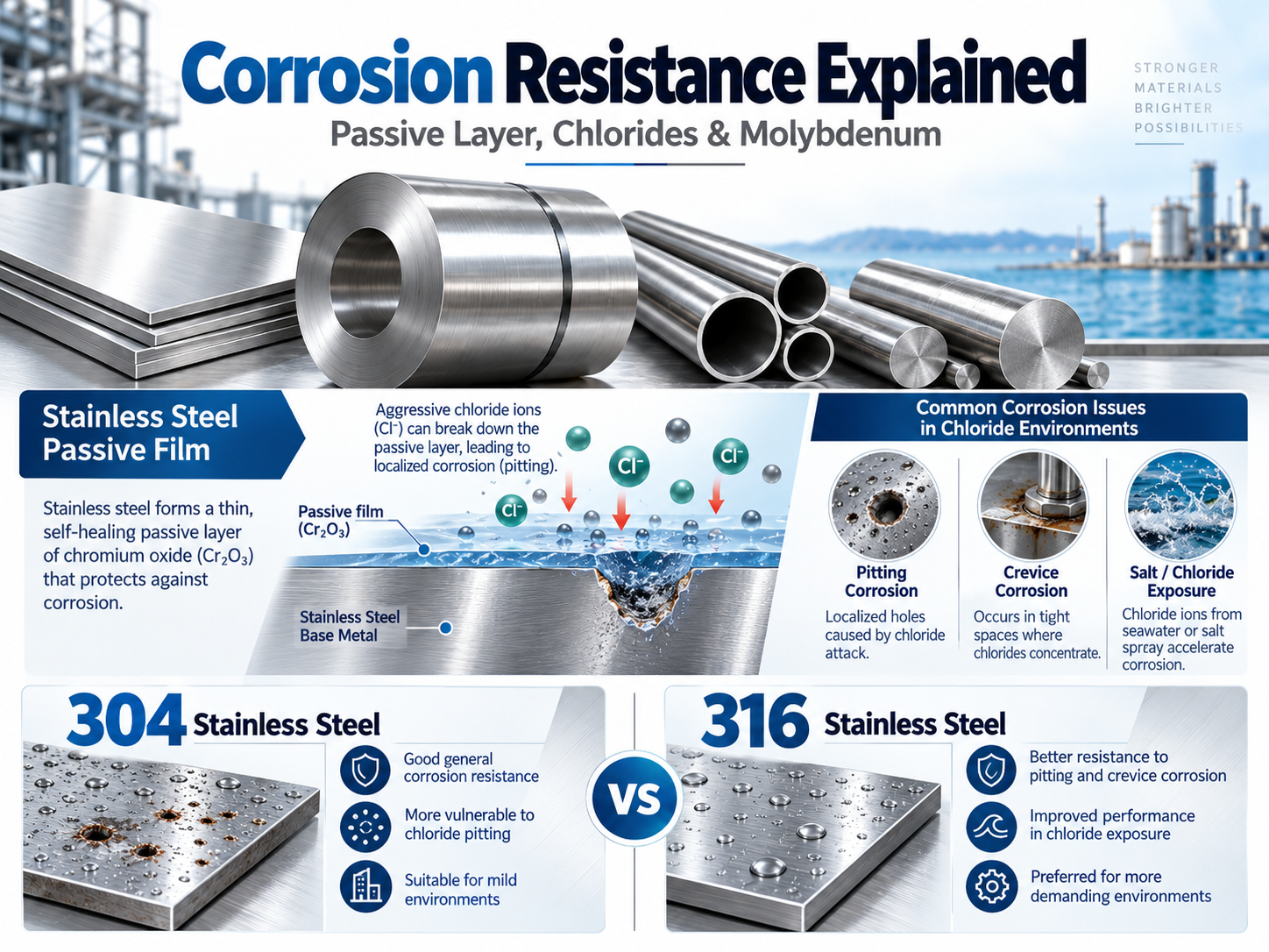 304 vs 316 stainless steel corrosion resistance showing protective passive film chloride exposure pitting and crevice corrosion