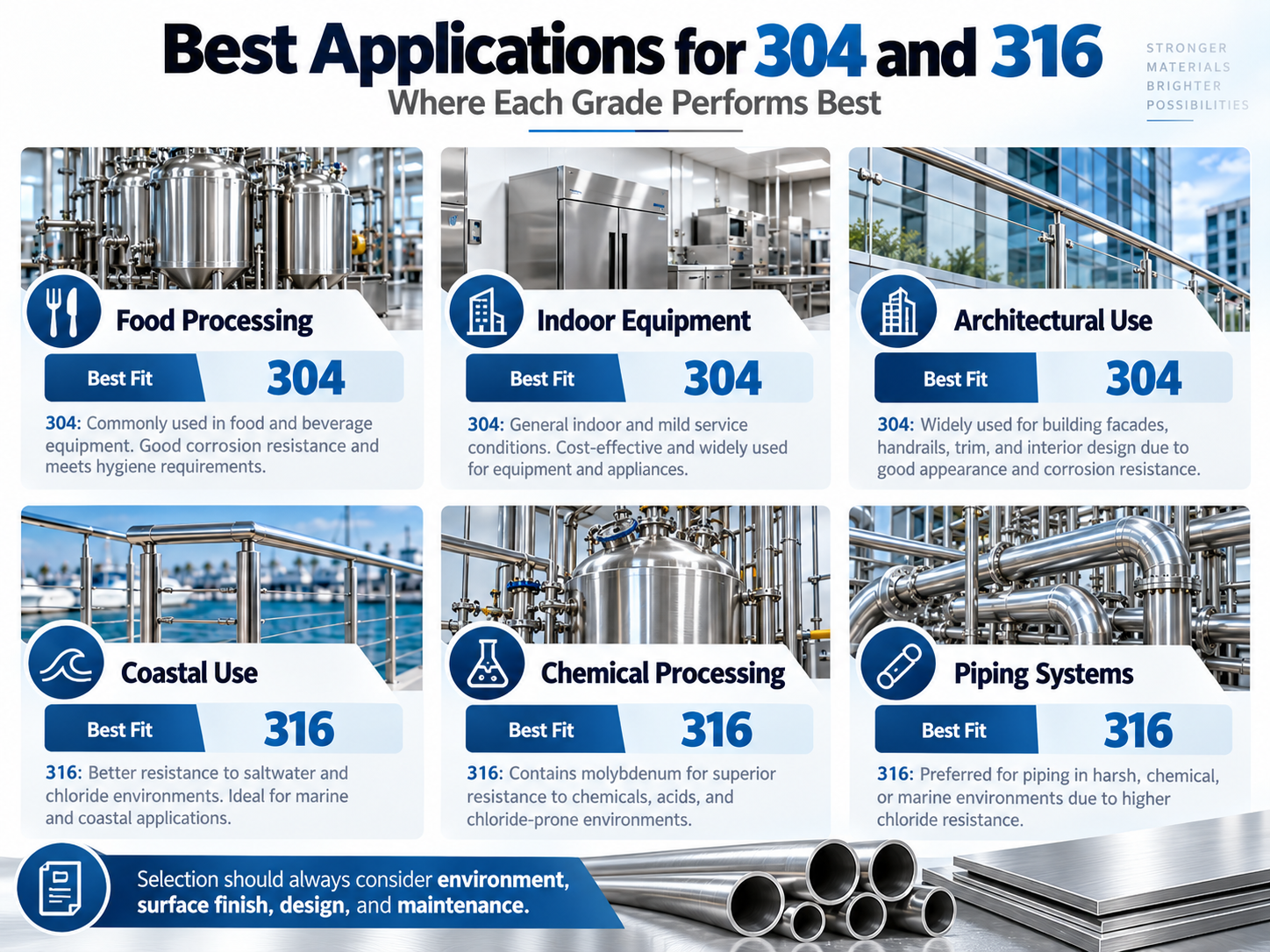 304 and 316 stainless steel applications in food processing architecture coastal installations and chemical equipment