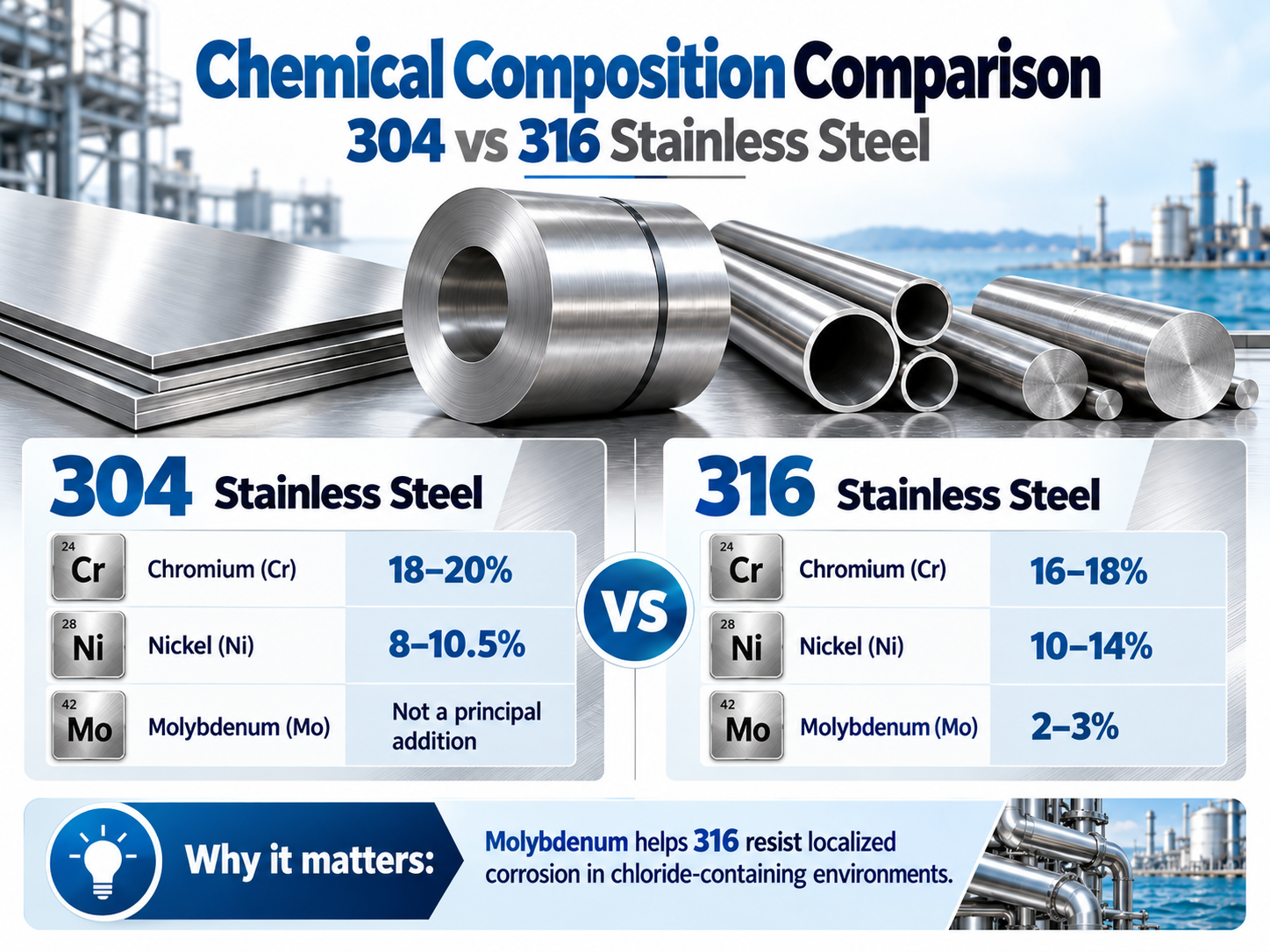 Chemical composition comparison of 304 and 316 stainless steel showing chromium nickel and molybdenum content