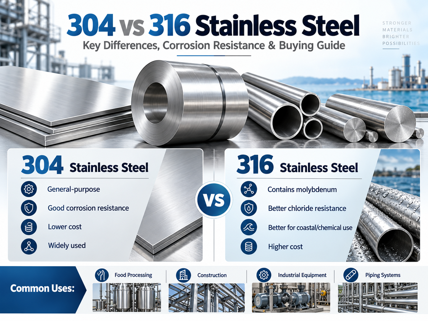 304 vs 316 stainless steel comparison showing corrosion resistance material properties cost and industrial applications