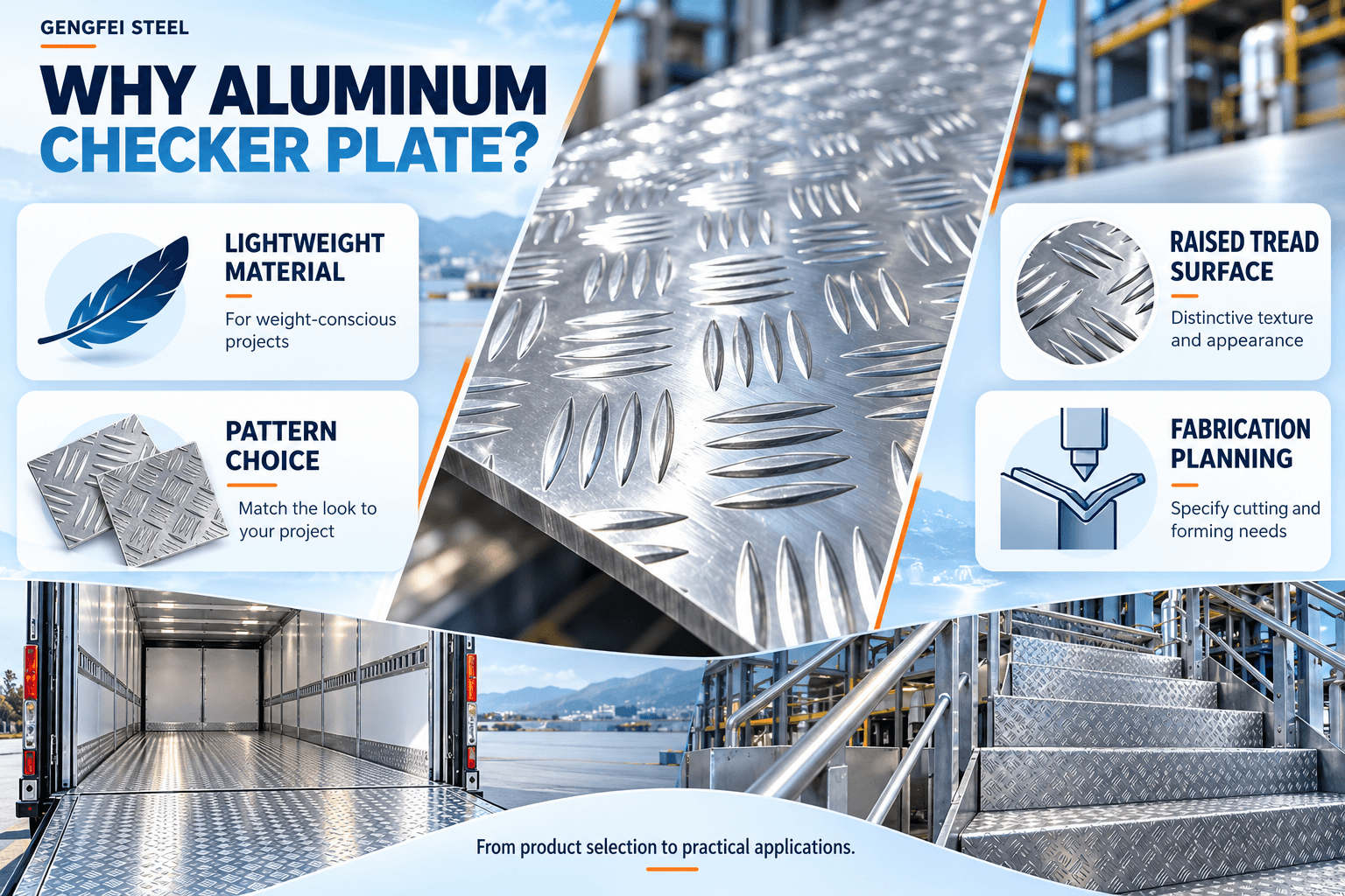 Aluminum checker plate features and benefits including lightweight material, raised tread surface, pattern options and fabrication applications