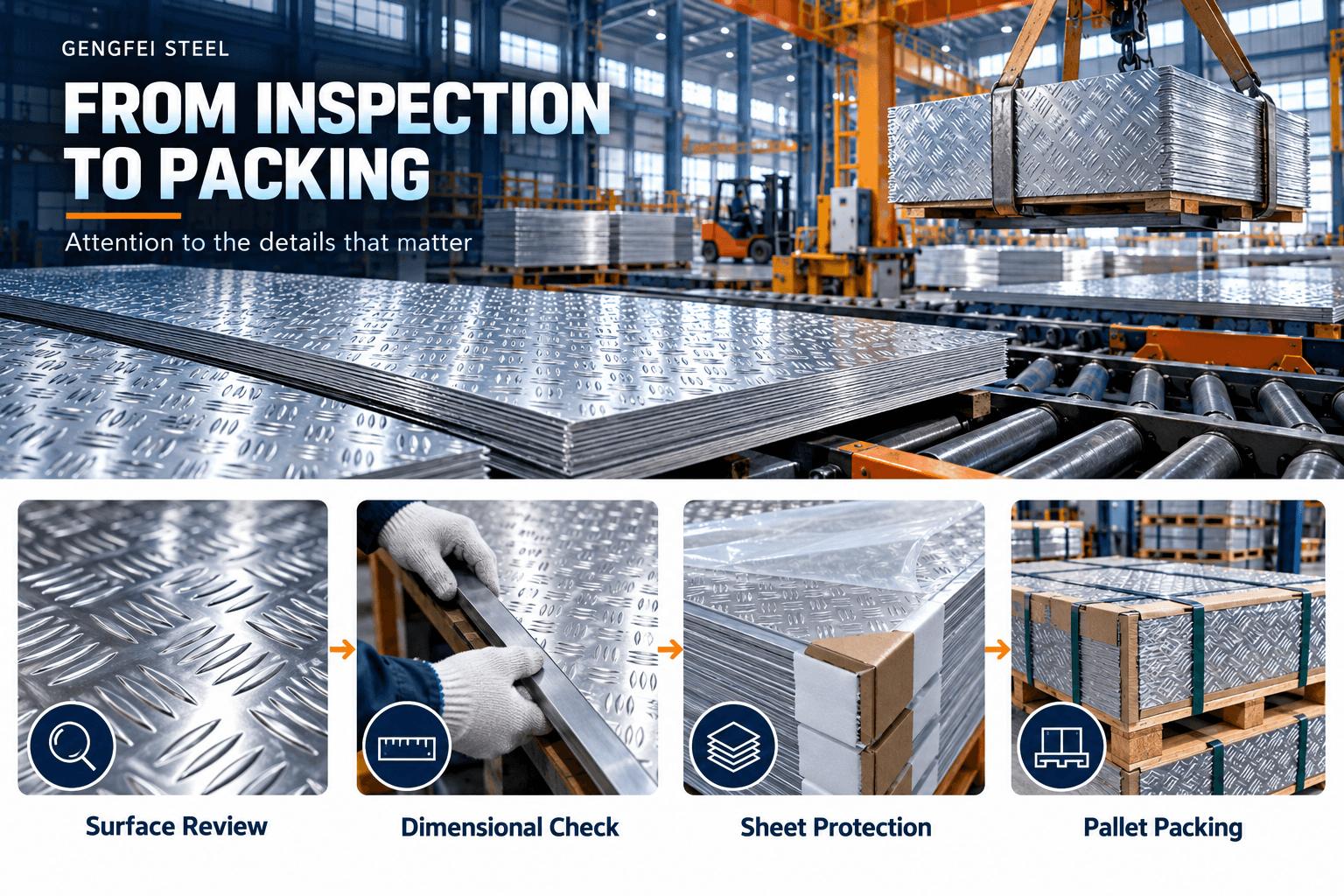 Aluminum checker plate quality inspection, surface review, dimensional measurement, protective sheet packing and pallet packaging