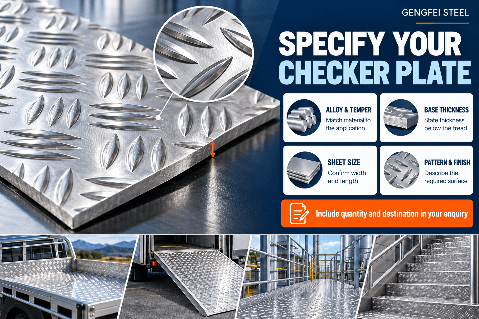 Aluminum checker plate purchasing selection guide covering alloy and temper, base thickness, sheet dimensions, pattern and surface finish