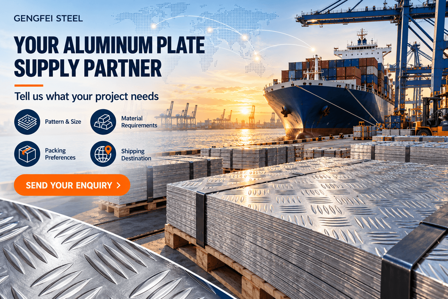 Gengfei Steel aluminum checker plate export supply with stacked aluminum tread plates, port logistics and international shipping
