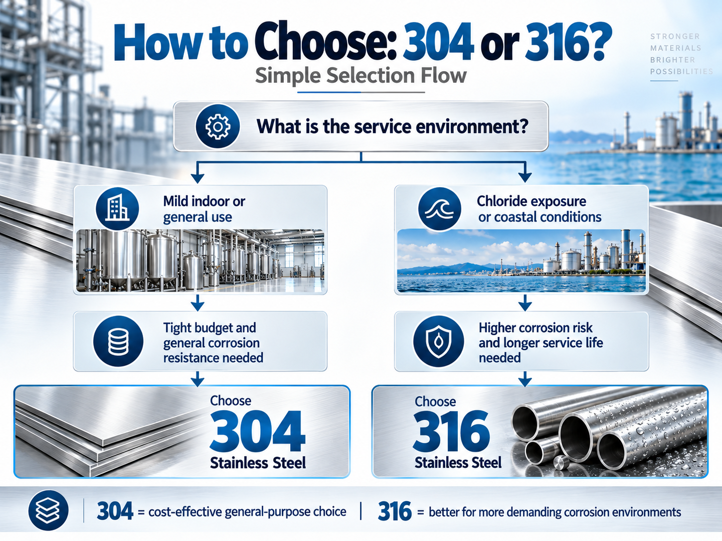 Flowchart for choosing 304 or 316 stainless steel according to environment corrosion risk and technical purchasing requirements