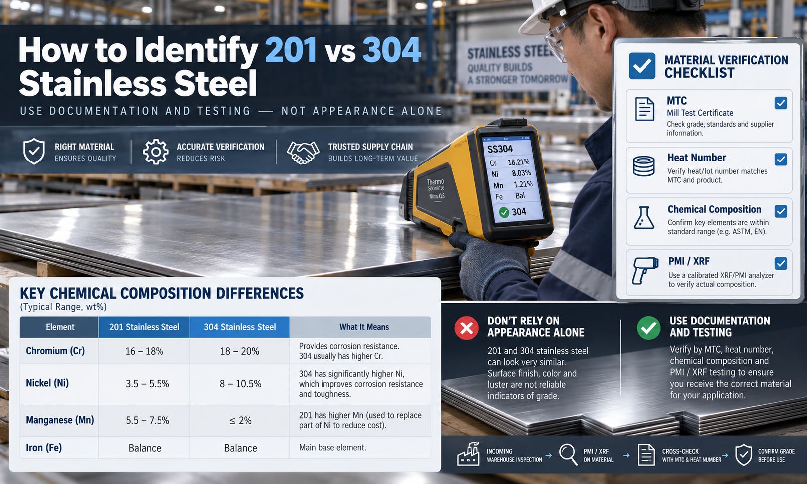 How to Identify 201 vs 304 Stainless Steel Using MTC and XRF
