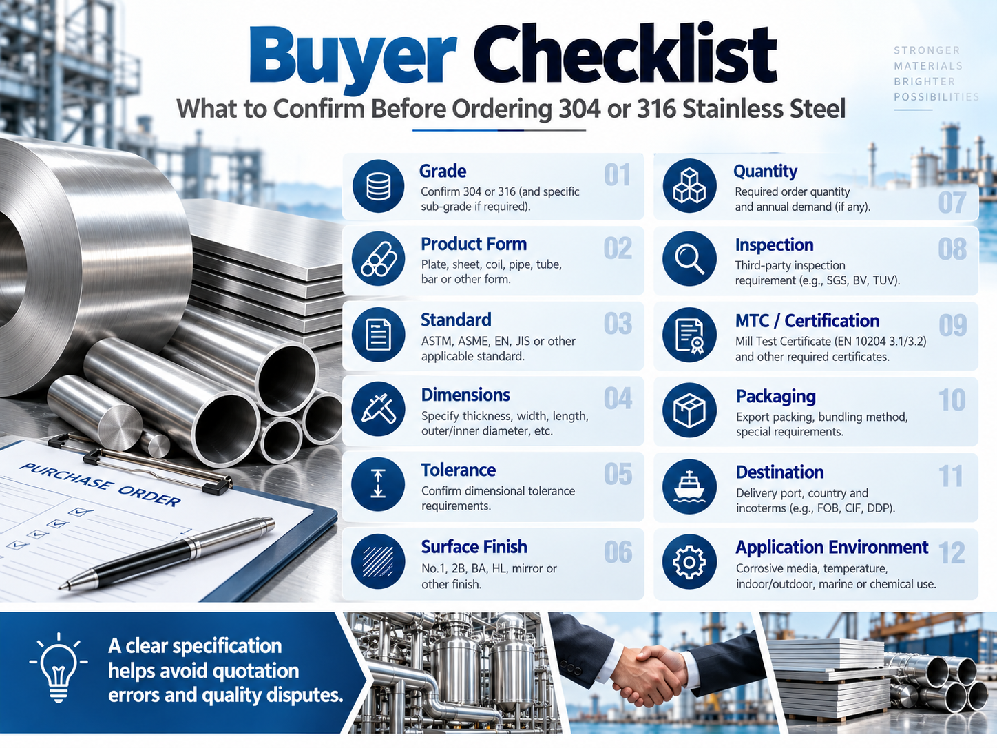 International stainless steel purchasing checklist for material grade standards dimensions inspection certificates packaging and shipping